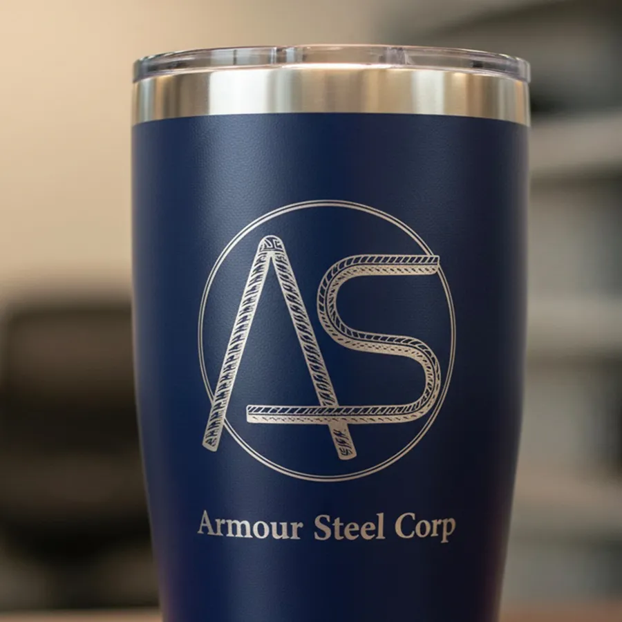 Blue tumbler with laser engraved Armour Steel Corp logo