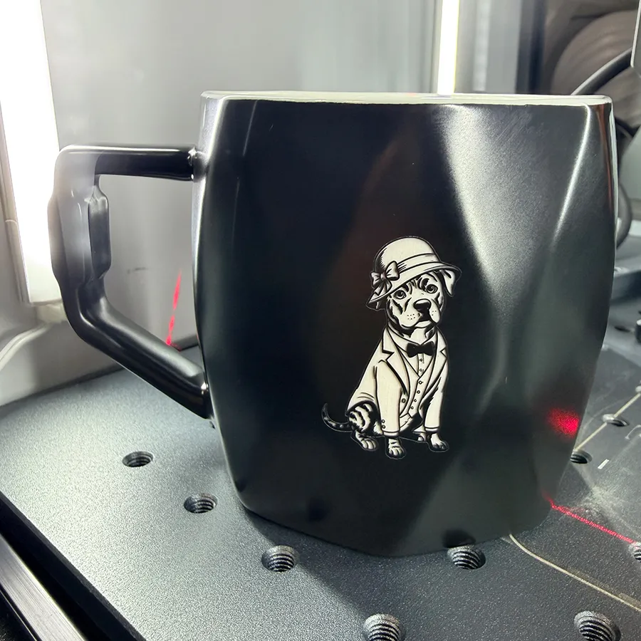 Ceramic mug with laser engraved custom pet portrait