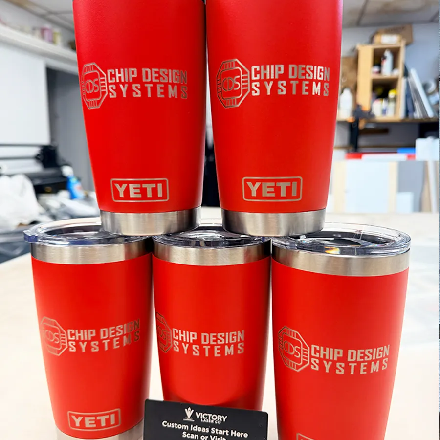 Bulk order of red YETI tumblers for Chip Design Systems