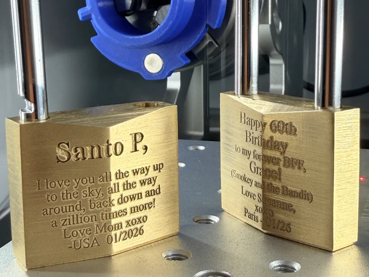Solid brass keepsake blocks deeply laser engraved with personalized messages