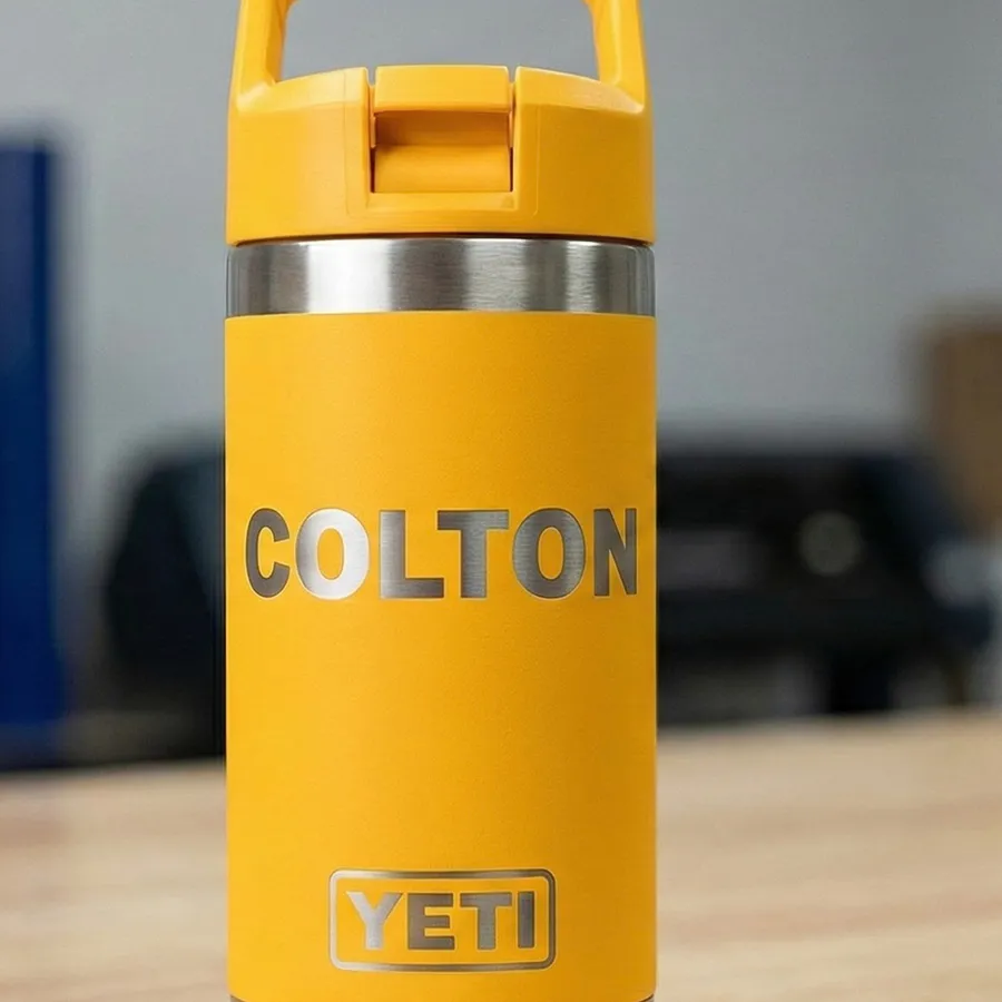 Yellow YETI kids tumbler with laser engraved name by Victory Laser Engraving Delaware