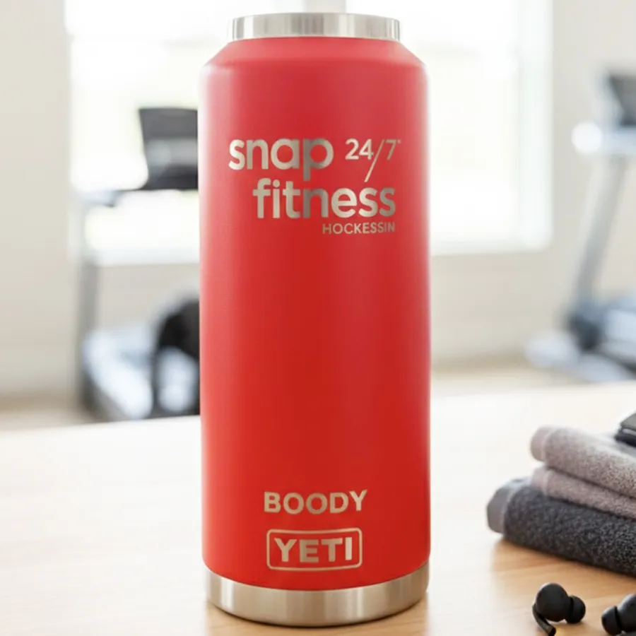 Red YETI tumbler with laser engraved Snap Fitness gym logo