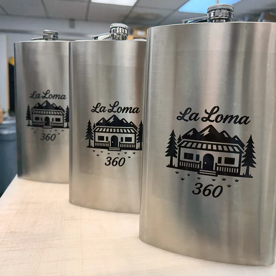 Fiber laser engraved stainless steel hip flasks