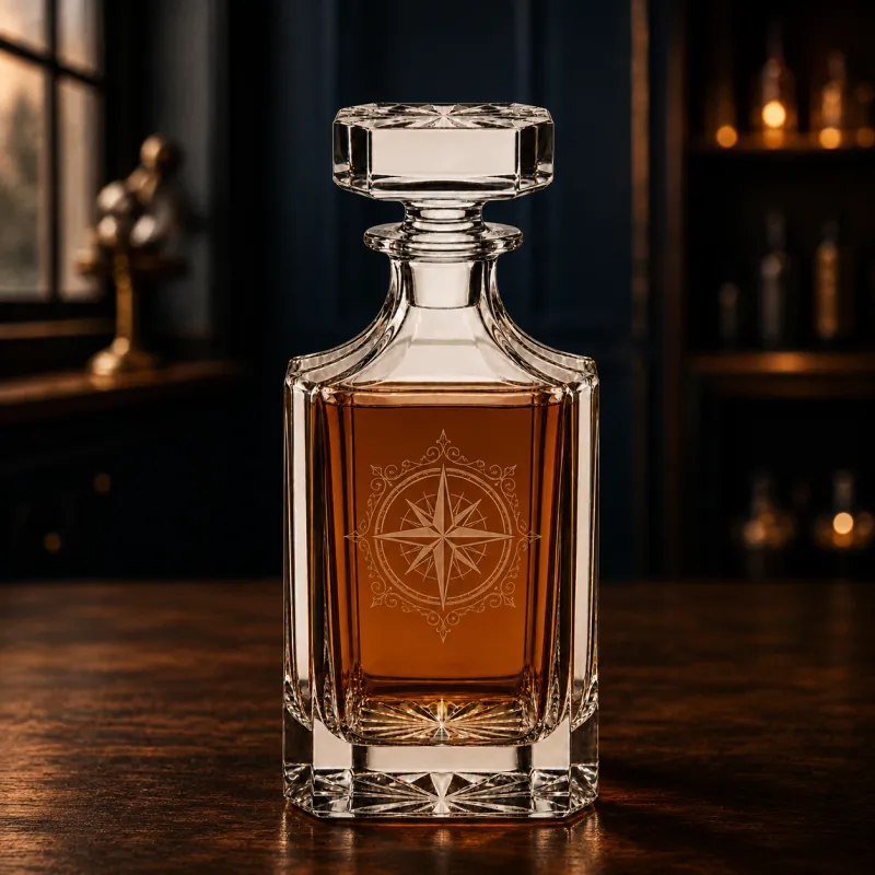 Styled engraved whiskey decanter with a compass design on a warm walnut bar