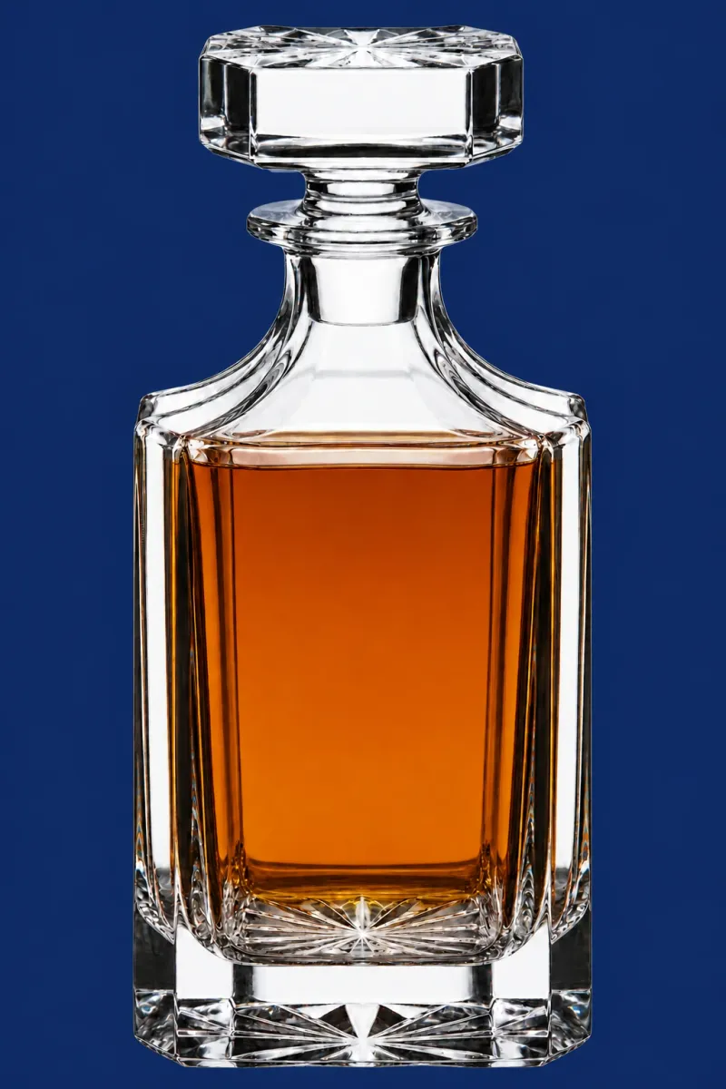 Blank 750 milliliter square glass decanter with simulated whiskey for engraving contrast