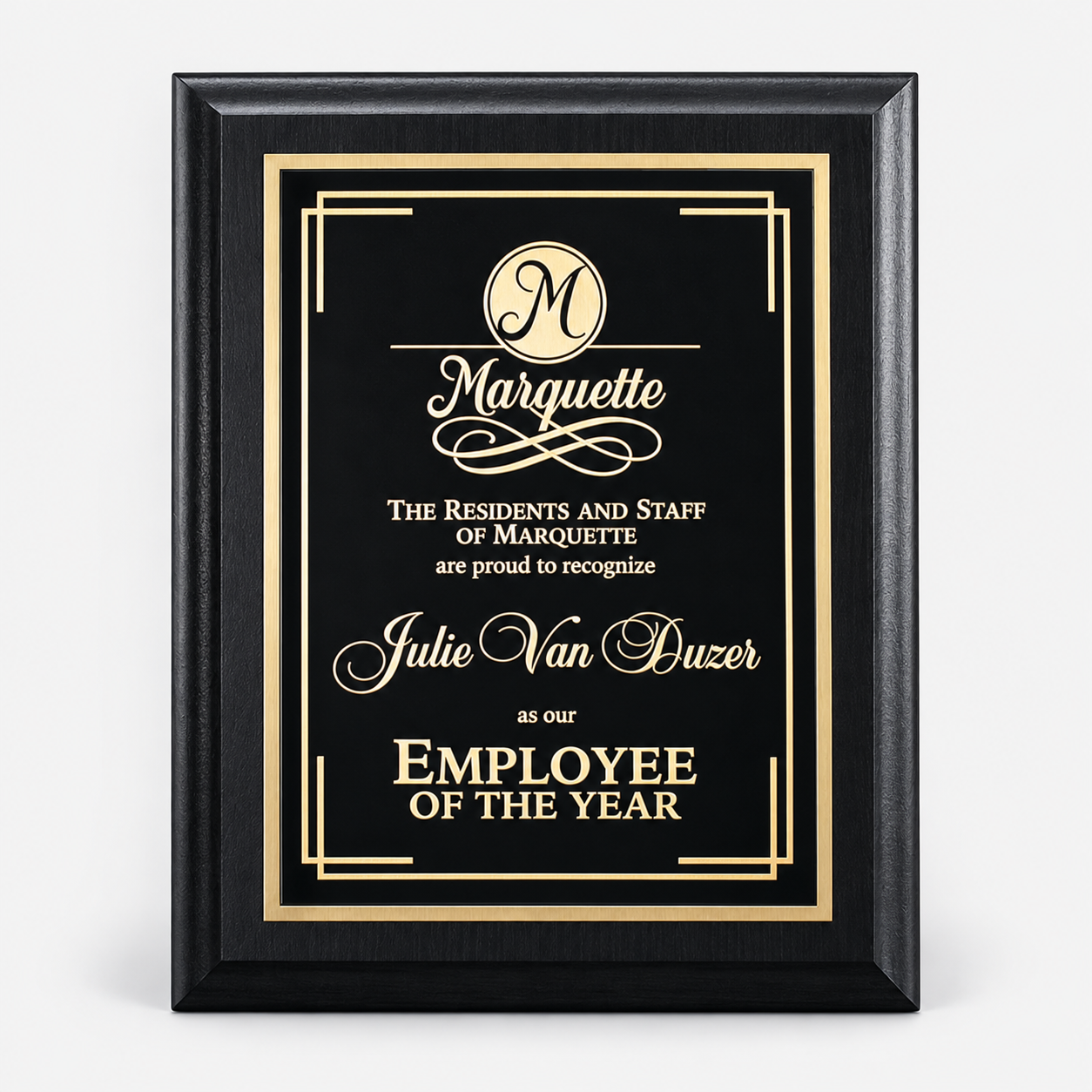 Black matte-finish plaque with plate, example engraving