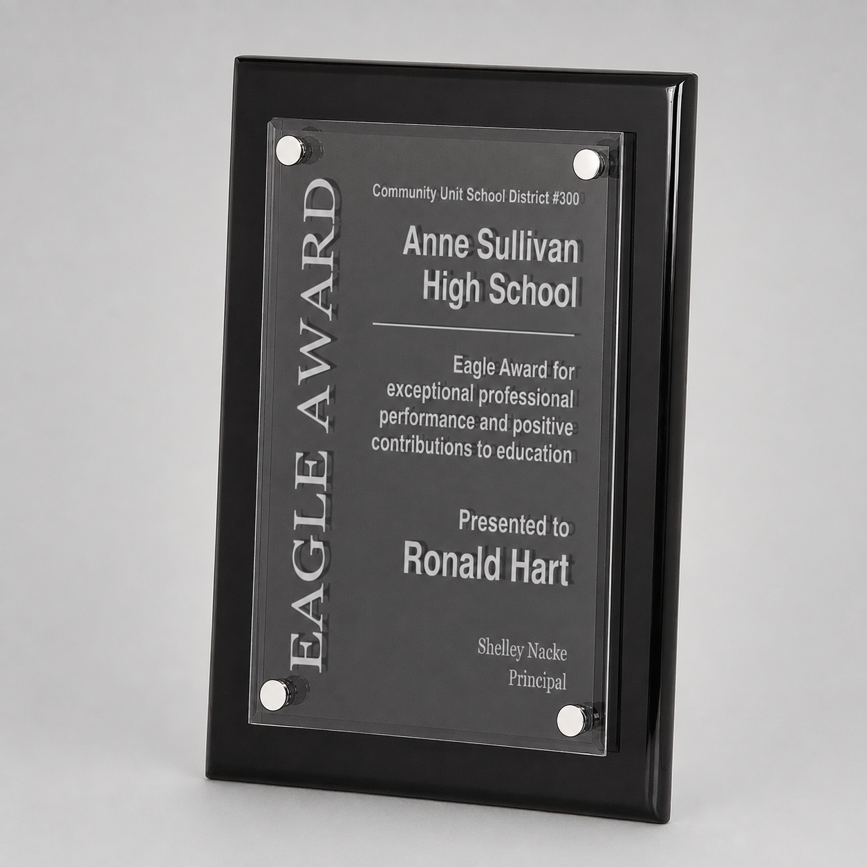Black acrylic plaque, example engraving