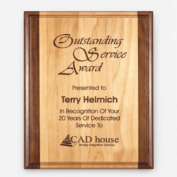Red alder and walnut engraved plaque