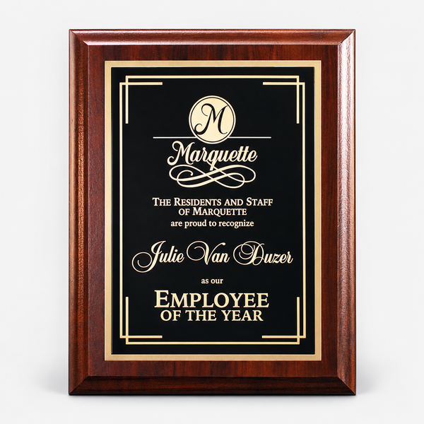 Cherry-finish plaque with plate, example engraving
