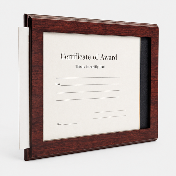 Cherry slide-in certificate plaque, example engraving