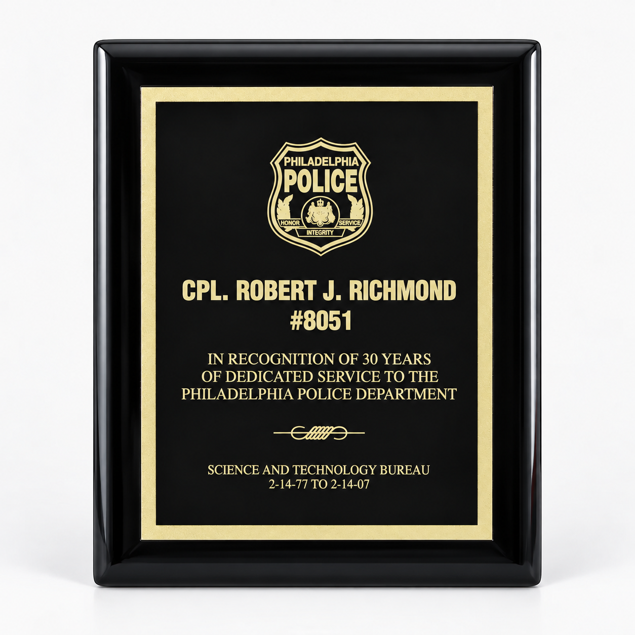 Executive ebony piano finish plaque, example engraving
