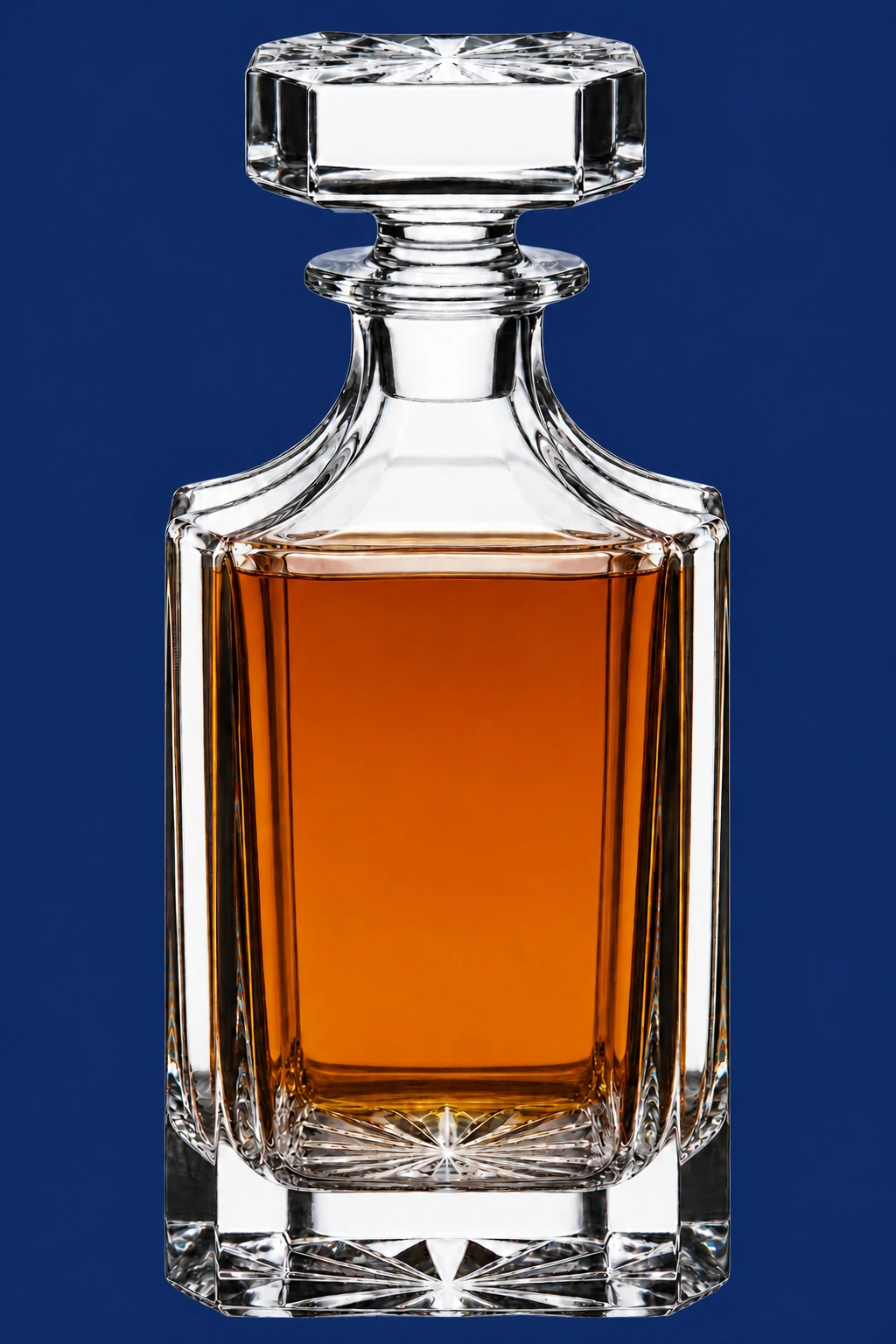 Blank square crystal decanter with simulated whiskey for engraving contrast