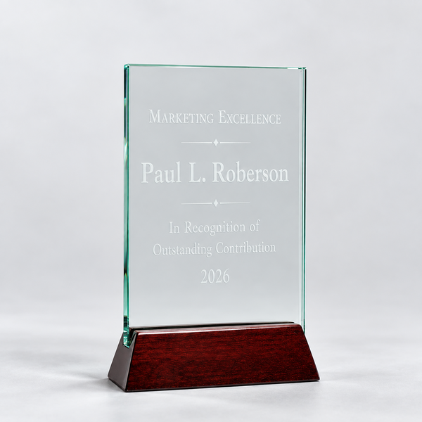 Jade glass · rosewood base, example engraving
