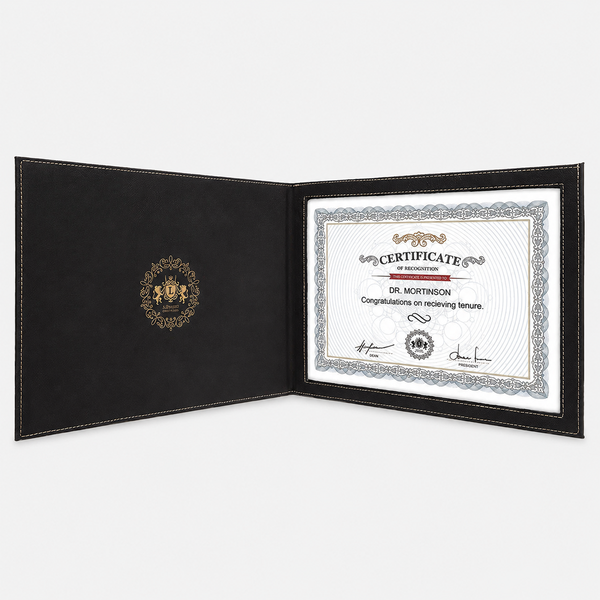 Leatherette certificate cover, example engraving