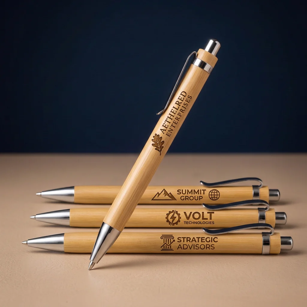 Bamboo pen engraving examples with several fictional business logos