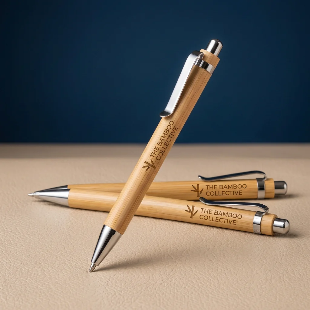 Group of bamboo pens with a vertically oriented sample engraving