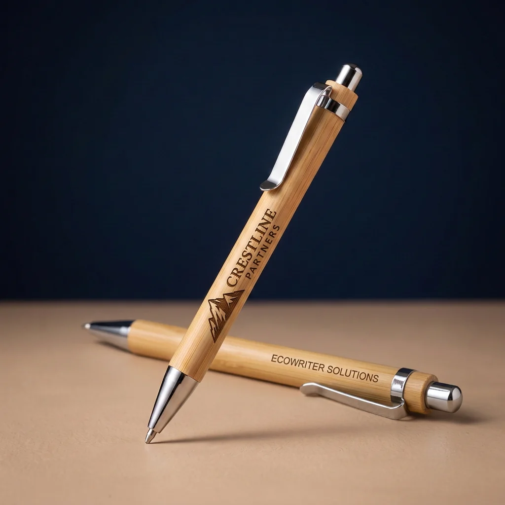 Two bamboo pens displaying sample logo and text engraving placements