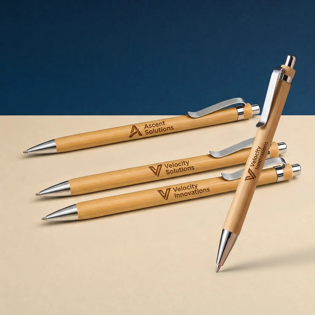 Five bamboo pens arranged with sample logo and business-name engravings