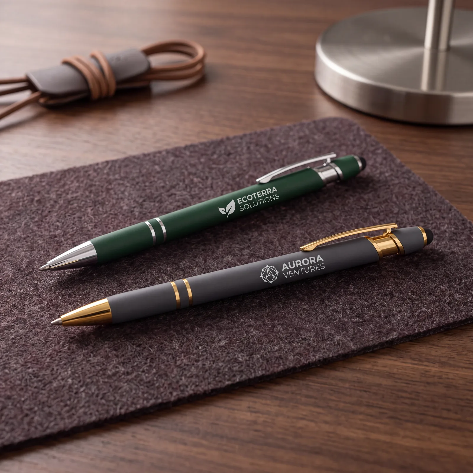 Green and gray stylus pens displaying sample logo and business-name engraving scale