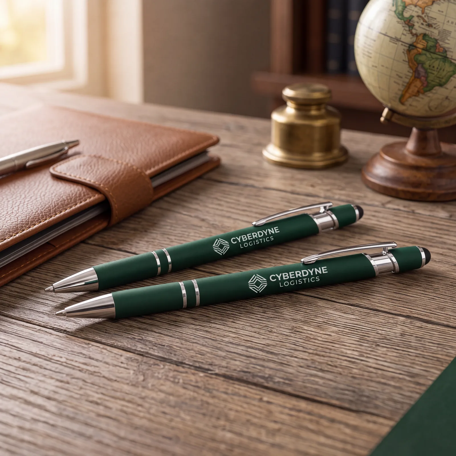 Two forest-green soft-touch stylus pens with matching sample corporate engravings