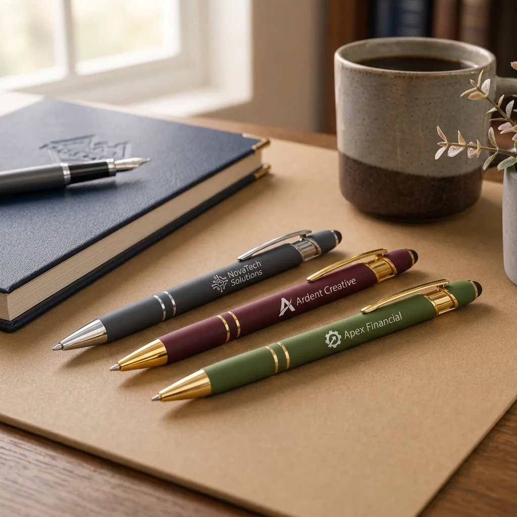 Gray, burgundy, and green stylus pens with silver and gold accents and sample logo engravings