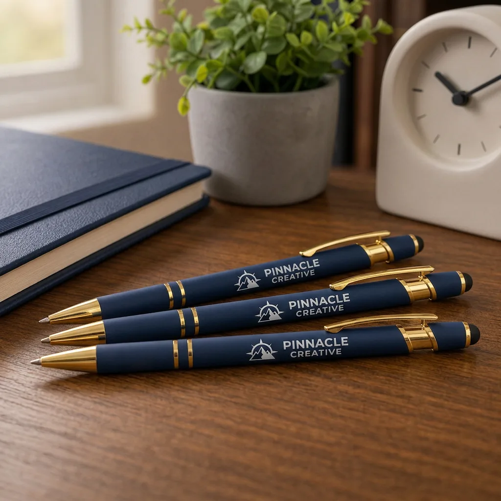 Three navy and gold stylus pens with matching sample company engravings