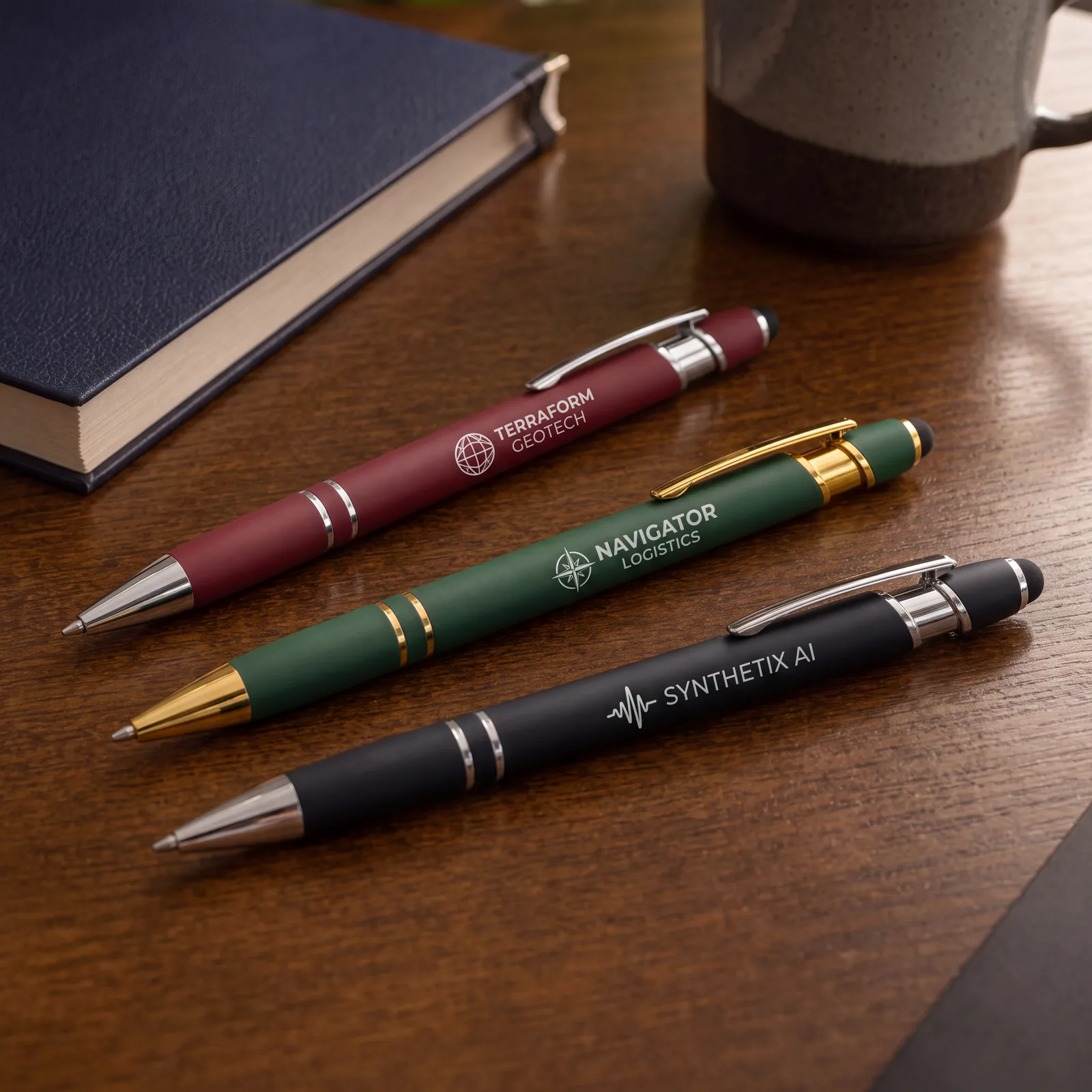 Burgundy, green, and black stylus pens with bright sample logo engravings
