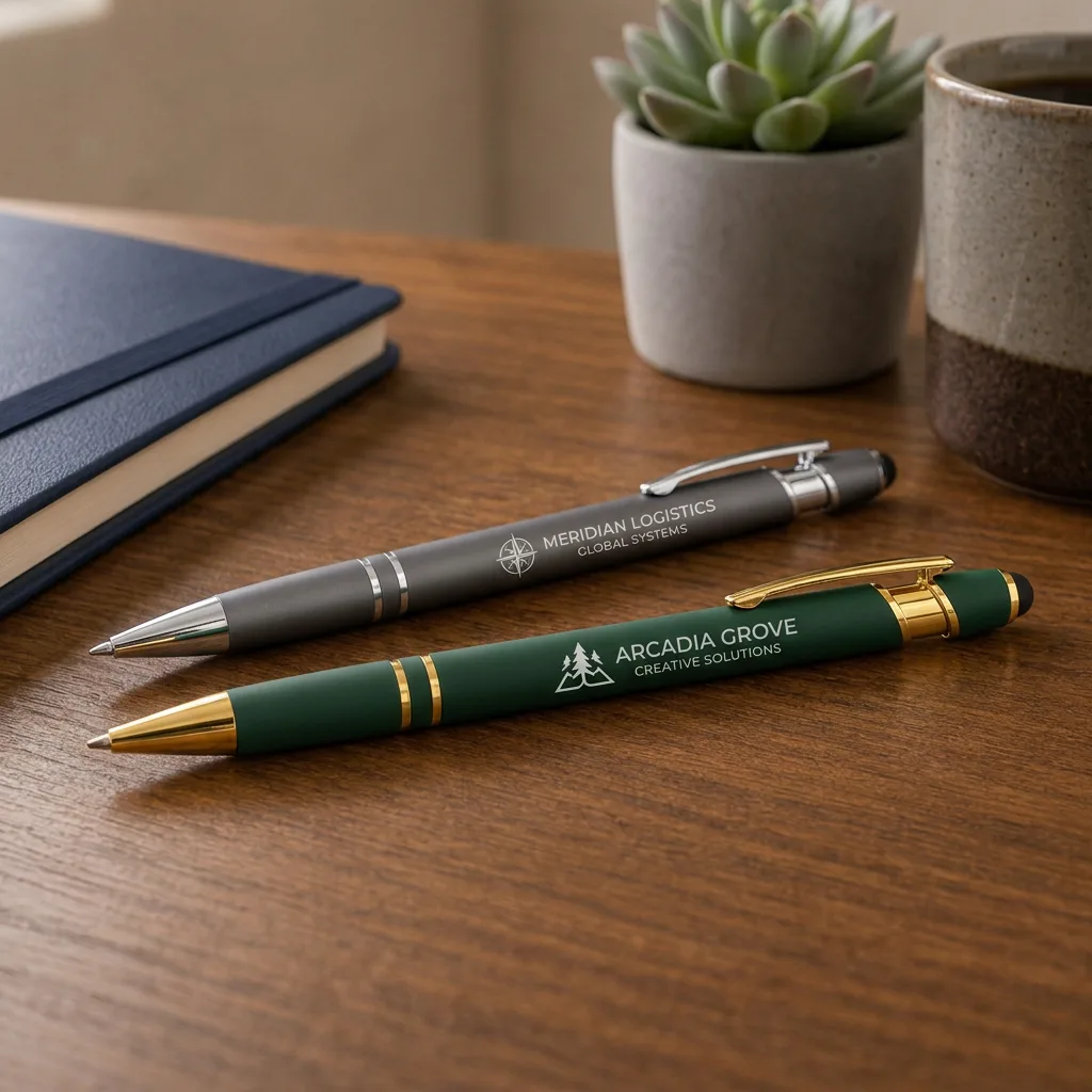 Gray and green stylus pens showing two sample logo and text engraving treatments