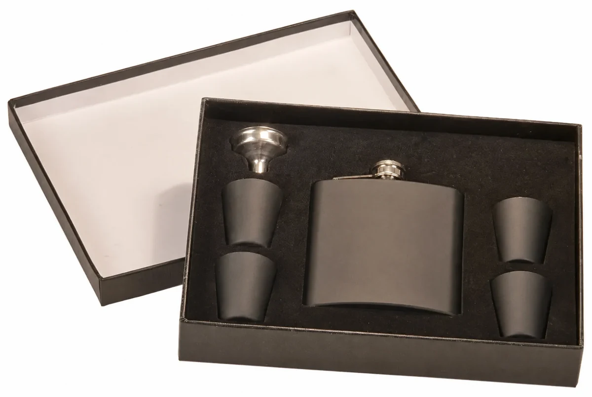 Personalized matte-black flask gift set with your engraving preview