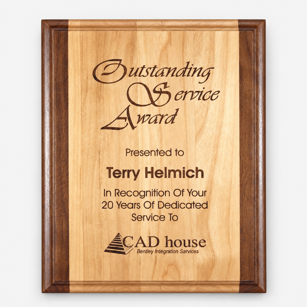 Red alder and walnut engraved plaque, example engraving