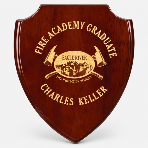 Rosewood piano finish shield plaque, example engraving