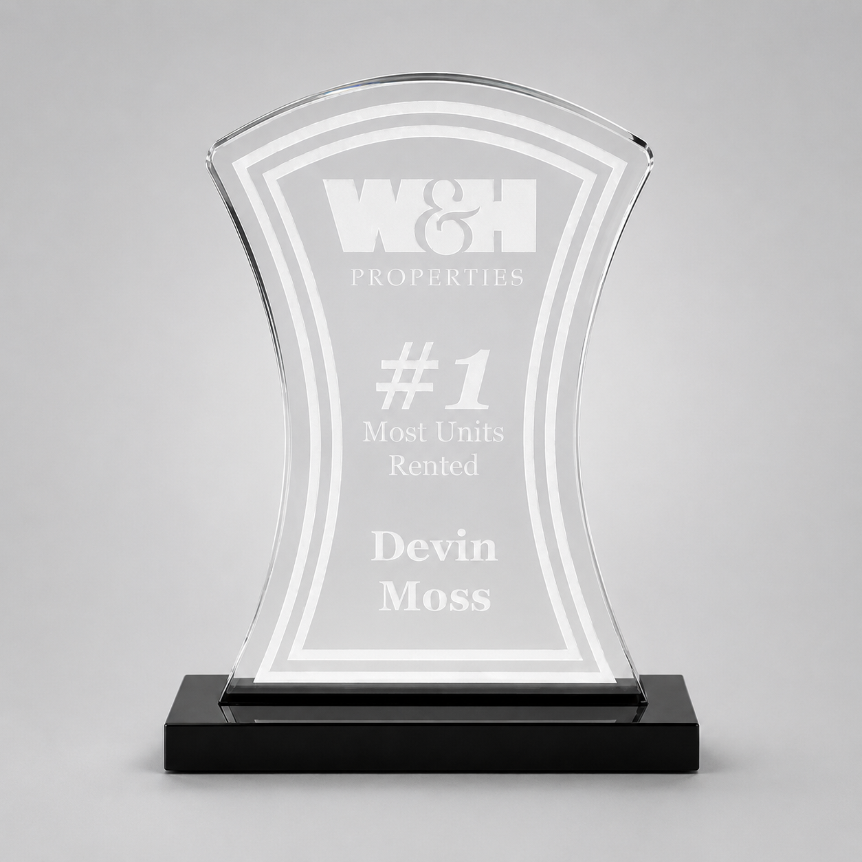 Starfire Hourglass Acrylic Award, example engraving