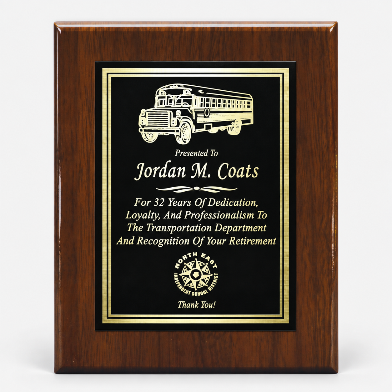 Walnut piano finish plaque, example engraving